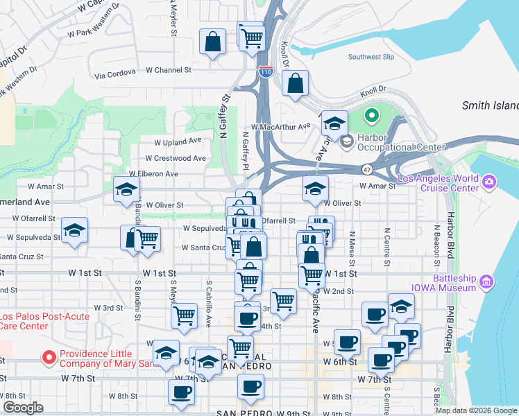map of restaurants, bars, coffee shops, grocery stores, and more near 655 West Oliver Street in Los Angeles