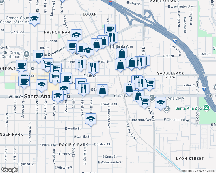 map of restaurants, bars, coffee shops, grocery stores, and more near 250 North Standard Avenue in Santa Ana