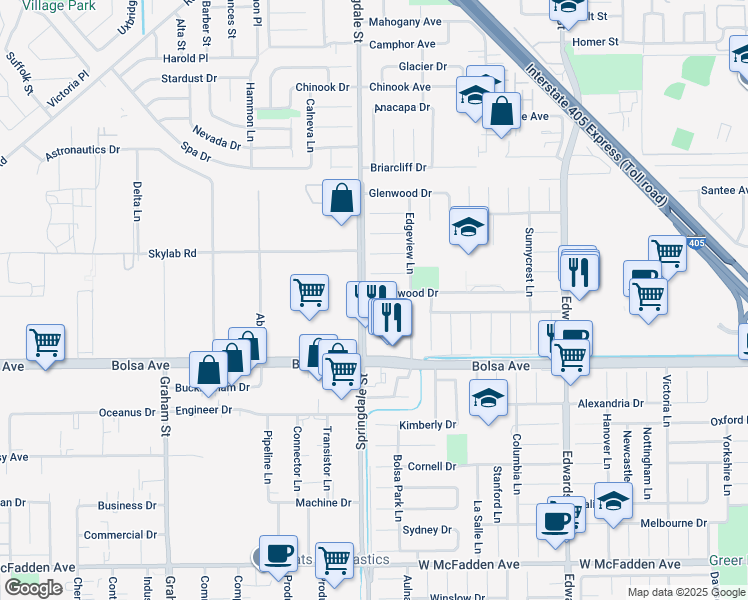 map of restaurants, bars, coffee shops, grocery stores, and more near 6022 Larchwood Drive in Huntington Beach