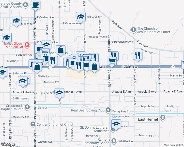 map of restaurants, bars, coffee shops, grocery stores, and more near 2255 East Florida Avenue in Hemet
