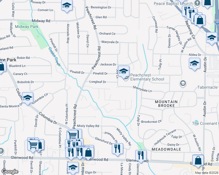 map of restaurants, bars, coffee shops, grocery stores, and more near 3458 Peachcrest Trce in Decatur