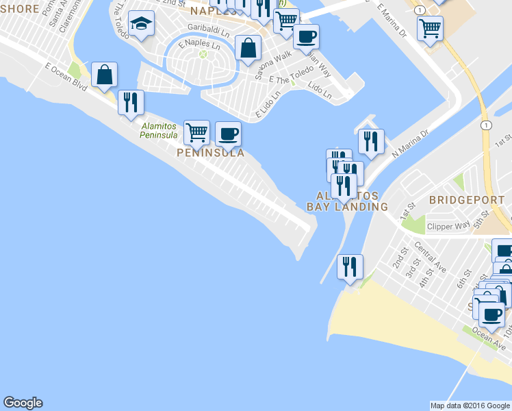 map of restaurants, bars, coffee shops, grocery stores, and more near 11 67th Place in Long Beach