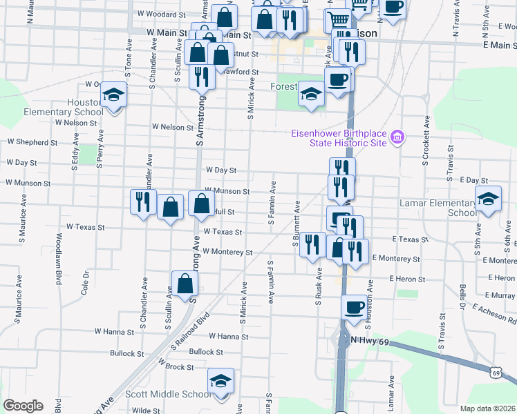 map of restaurants, bars, coffee shops, grocery stores, and more near 522 West Munson Street in Denison