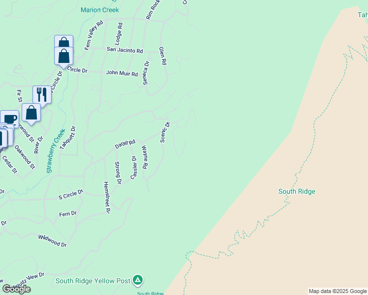 map of restaurants, bars, coffee shops, grocery stores, and more near Shady View Drive in Idyllwild-Pine Cove
