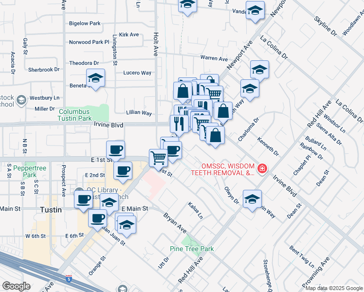 map of restaurants, bars, coffee shops, grocery stores, and more near Packers Circle in Tustin