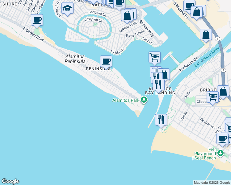 map of restaurants, bars, coffee shops, grocery stores, and more near 6601 East Seaside Walk in Long Beach