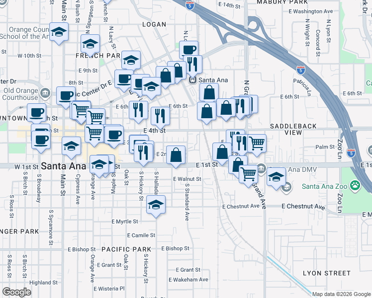 map of restaurants, bars, coffee shops, grocery stores, and more near 250 North Standard Avenue in Santa Ana
