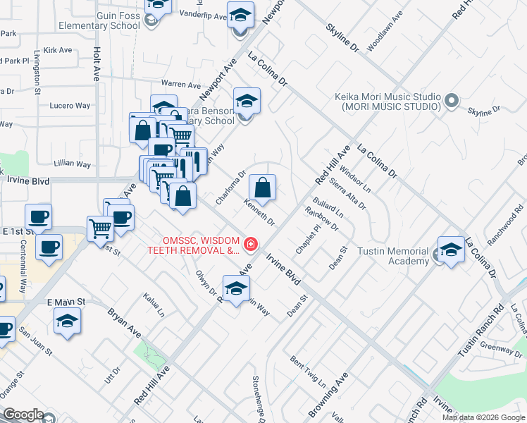 map of restaurants, bars, coffee shops, grocery stores, and more near 1401 Kenneth Drive in Tustin