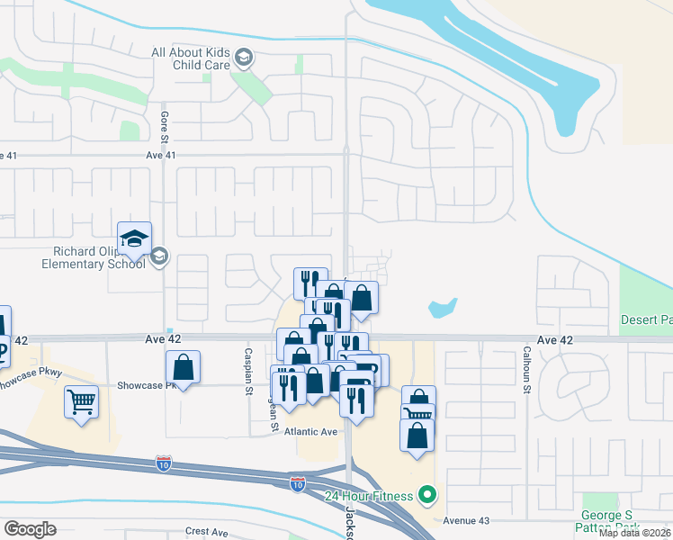 map of restaurants, bars, coffee shops, grocery stores, and more near 41634 Conner Place in Indio