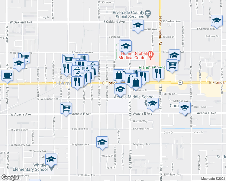map of restaurants, bars, coffee shops, grocery stores, and more near 131 South Thompson Street in Hemet