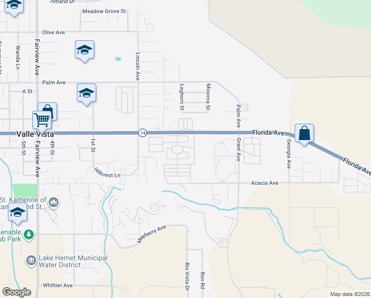 map of restaurants, bars, coffee shops, grocery stores, and more near 44725 East Florida Avenue in Hemet
