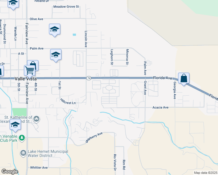 map of restaurants, bars, coffee shops, grocery stores, and more near 44725 Florida Avenue in Hemet