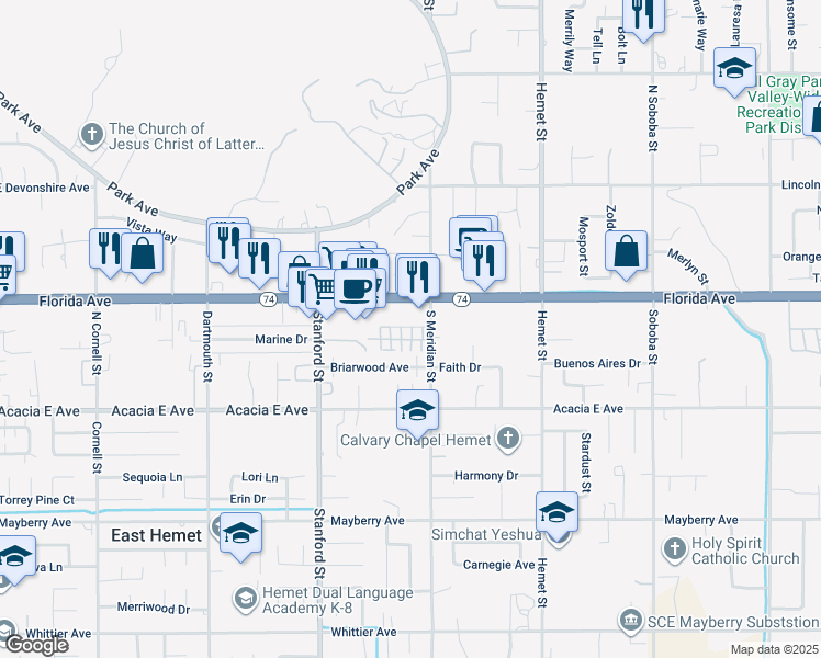map of restaurants, bars, coffee shops, grocery stores, and more near 41889 California 74 in Hemet