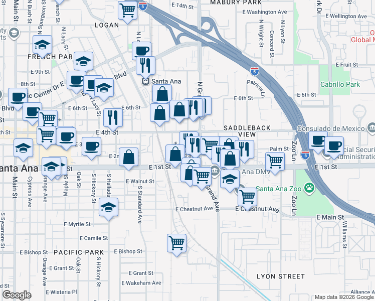 map of restaurants, bars, coffee shops, grocery stores, and more near 1116 East 3rd Street in Santa Ana