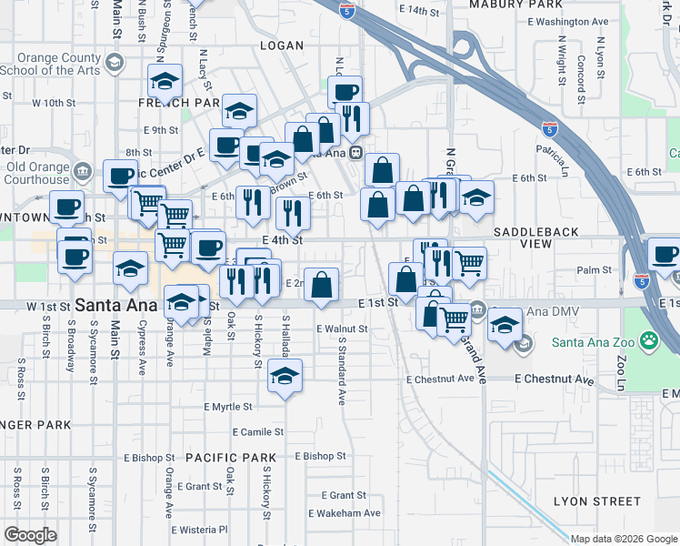 map of restaurants, bars, coffee shops, grocery stores, and more near 1002 East 3rd Street in Santa Ana