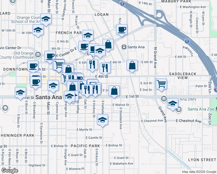 map of restaurants, bars, coffee shops, grocery stores, and more near 818 East 3rd Street in Santa Ana