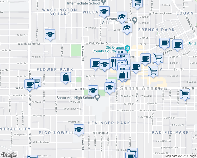map of restaurants, bars, coffee shops, grocery stores, and more near 103 West 3rd Street in Santa Ana