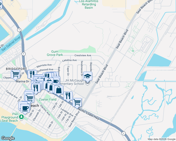 map of restaurants, bars, coffee shops, grocery stores, and more near 1701 Coral Place in Seal Beach
