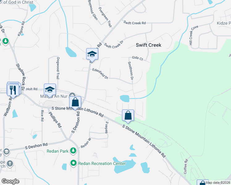 map of restaurants, bars, coffee shops, grocery stores, and more near 6358 Deshong Drive in Lithonia
