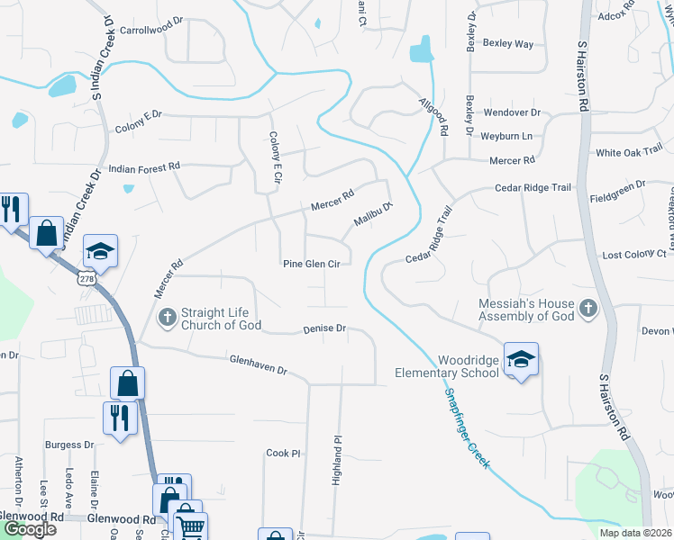 map of restaurants, bars, coffee shops, grocery stores, and more near 1626 Pine Glen Circle in Decatur