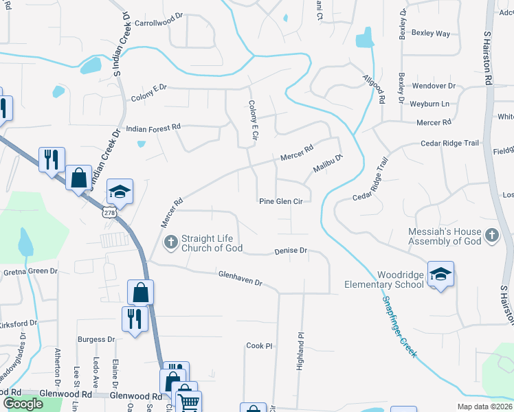 map of restaurants, bars, coffee shops, grocery stores, and more near 1536 Pine Glen Circle in Decatur