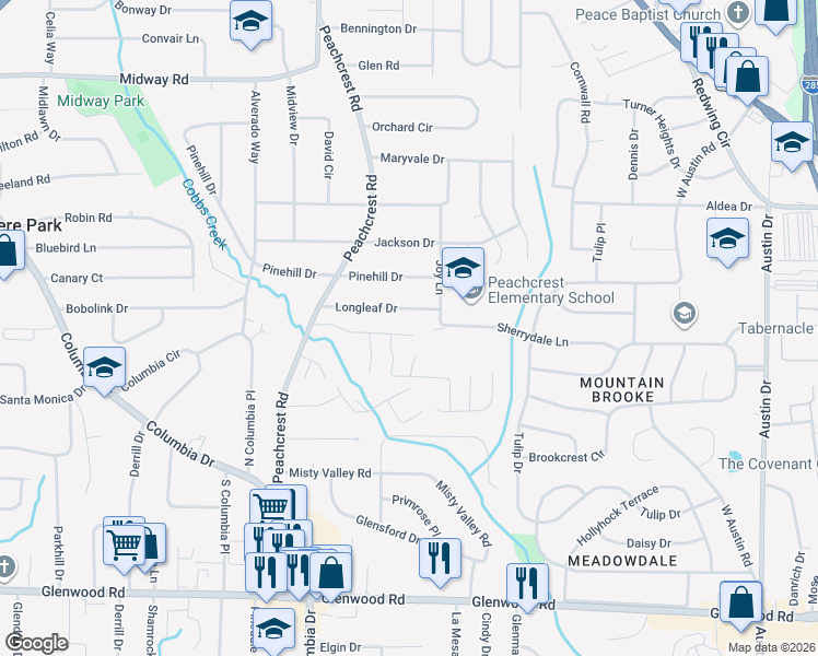 map of restaurants, bars, coffee shops, grocery stores, and more near 3458 Peachcrest Trce in Decatur
