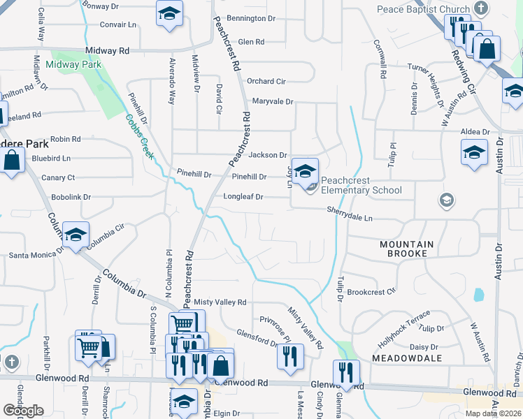 map of restaurants, bars, coffee shops, grocery stores, and more near 3443 Longleaf Drive in Decatur