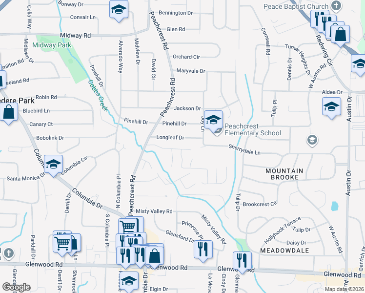 map of restaurants, bars, coffee shops, grocery stores, and more near 3443 Longleaf Drive in Decatur