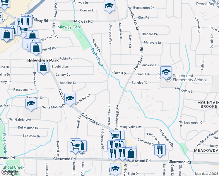 map of restaurants, bars, coffee shops, grocery stores, and more near 3291 Bobolink Drive in Decatur