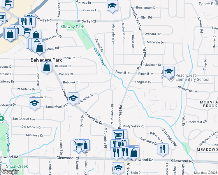 map of restaurants, bars, coffee shops, grocery stores, and more near 1560 North Columbia Place in Decatur
