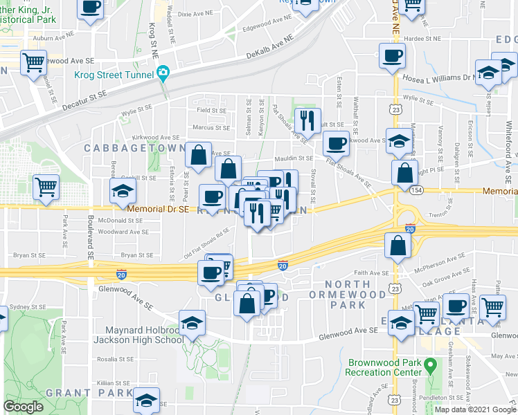 map of restaurants, bars, coffee shops, grocery stores, and more near 920 Memorial Drive Southeast in Atlanta