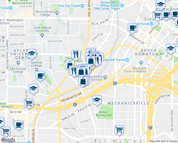 map of restaurants, bars, coffee shops, grocery stores, and more near 291 Walker Street Southwest in Atlanta