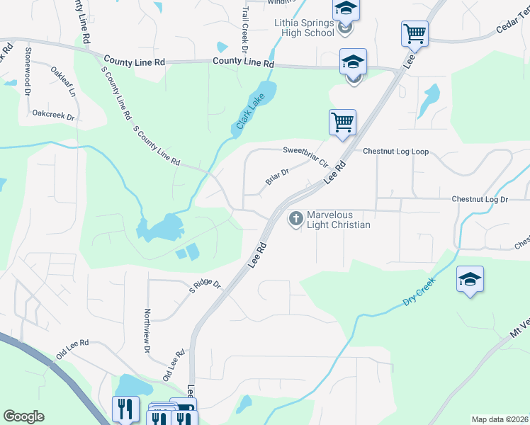 map of restaurants, bars, coffee shops, grocery stores, and more near 2150 Lee Road in Lithia Springs