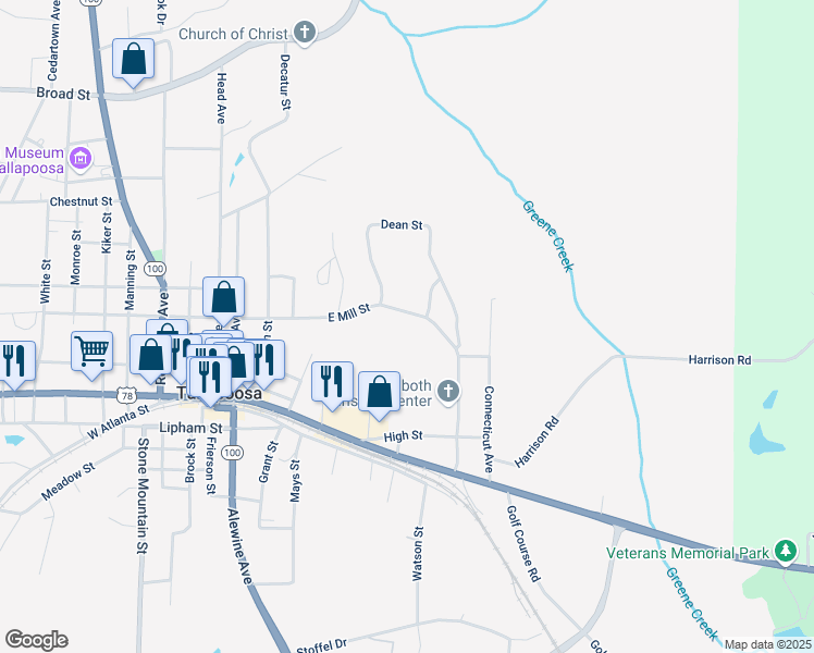 map of restaurants, bars, coffee shops, grocery stores, and more near 153 West Mill Street in Tallapoosa