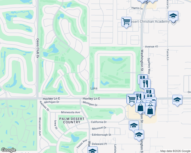 map of restaurants, bars, coffee shops, grocery stores, and more near 41539 Woodhaven Drive West in Palm Desert