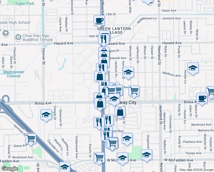 map of restaurants, bars, coffee shops, grocery stores, and more near 14822 Adams Street in Midway City