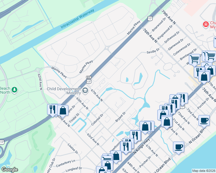 map of restaurants, bars, coffee shops, grocery stores, and more near 6816 Montgomery Lane in Myrtle Beach