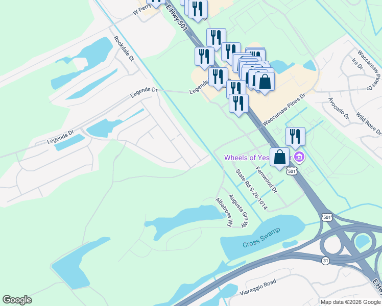 map of restaurants, bars, coffee shops, grocery stores, and more near 1703 Palmetto Palm Drive in Myrtle Beach