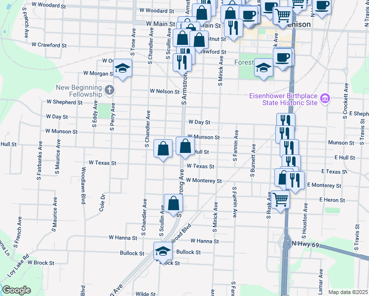 map of restaurants, bars, coffee shops, grocery stores, and more near 900 South Armstrong Avenue in Denison