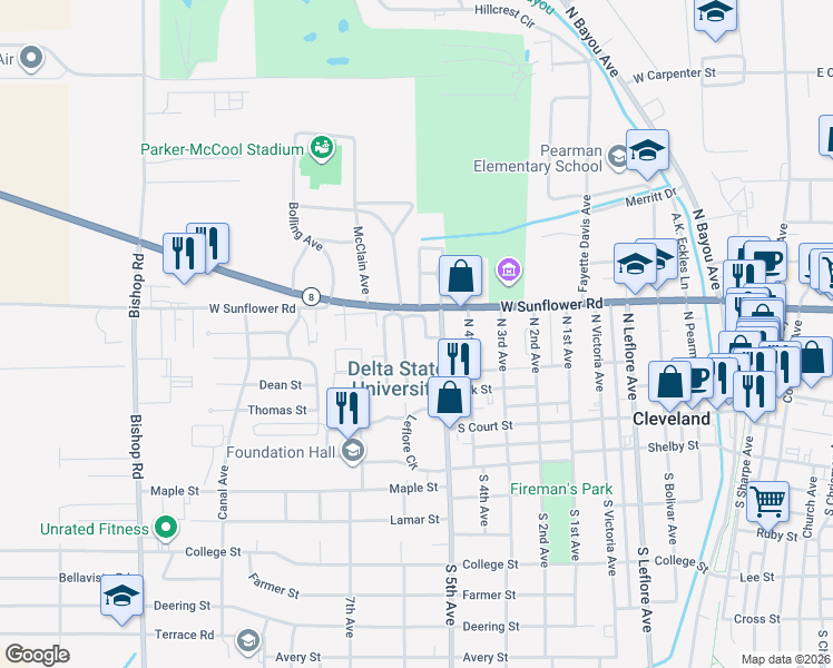 map of restaurants, bars, coffee shops, grocery stores, and more near 1003 West Sunflower Road in Cleveland