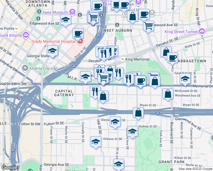 map of restaurants, bars, coffee shops, grocery stores, and more near 291 Martin Luther King Junior Drive Southeast in Atlanta