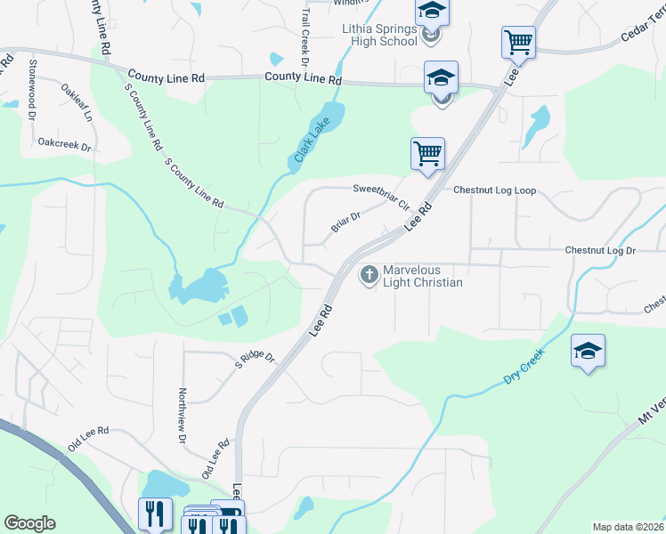 map of restaurants, bars, coffee shops, grocery stores, and more near 2150 Lee Road in Lithia Springs
