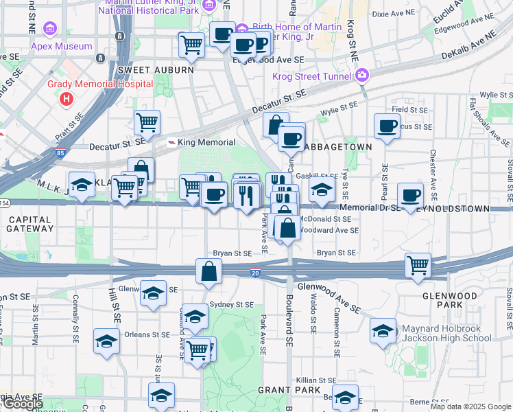 map of restaurants, bars, coffee shops, grocery stores, and more near Memorial Drive Southeast in Atlanta