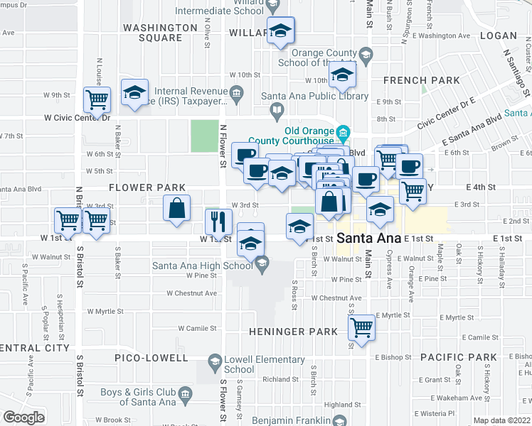 map of restaurants, bars, coffee shops, grocery stores, and more near 103 West 3rd Street in Santa Ana