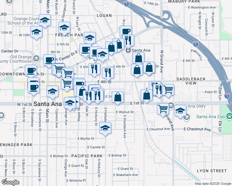 map of restaurants, bars, coffee shops, grocery stores, and more near 905 East 2nd Street in Santa Ana