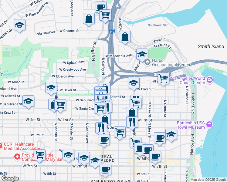 map of restaurants, bars, coffee shops, grocery stores, and more near 627 West Oliver Street in Los Angeles