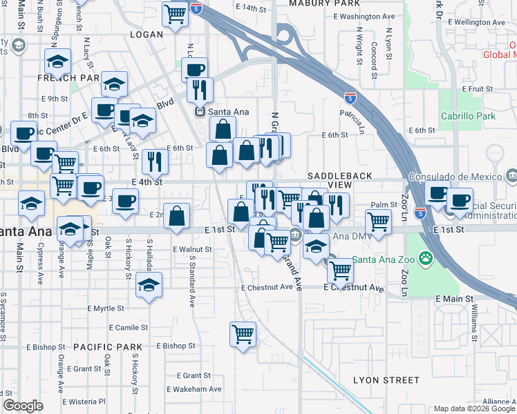 map of restaurants, bars, coffee shops, grocery stores, and more near 1116 East 3rd Street in Santa Ana