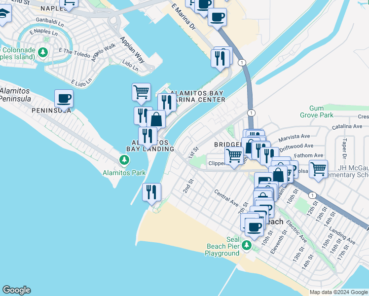 map of restaurants, bars, coffee shops, grocery stores, and more near 315 Spinnaker Way in Seal Beach