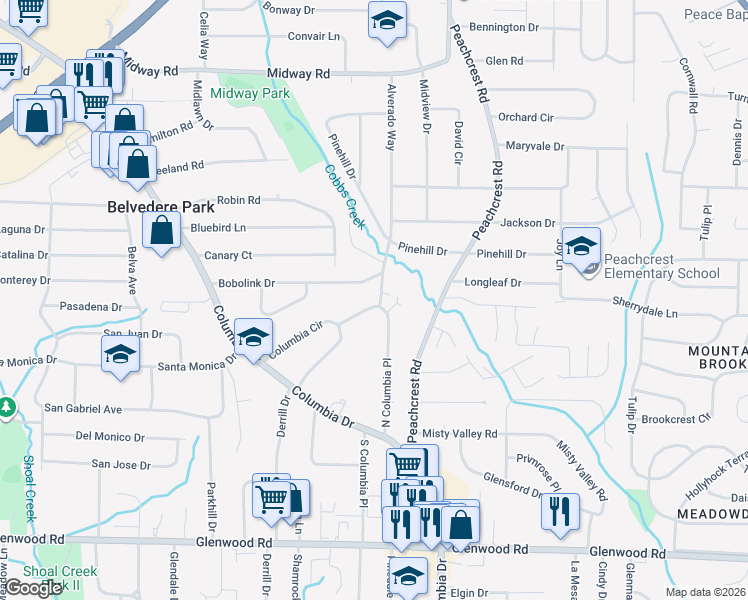 map of restaurants, bars, coffee shops, grocery stores, and more near 3291 Bobolink Drive in Decatur