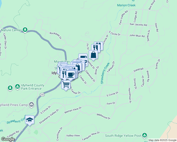 map of restaurants, bars, coffee shops, grocery stores, and more near 25860 Oakwood Street in Idyllwild-Pine Cove